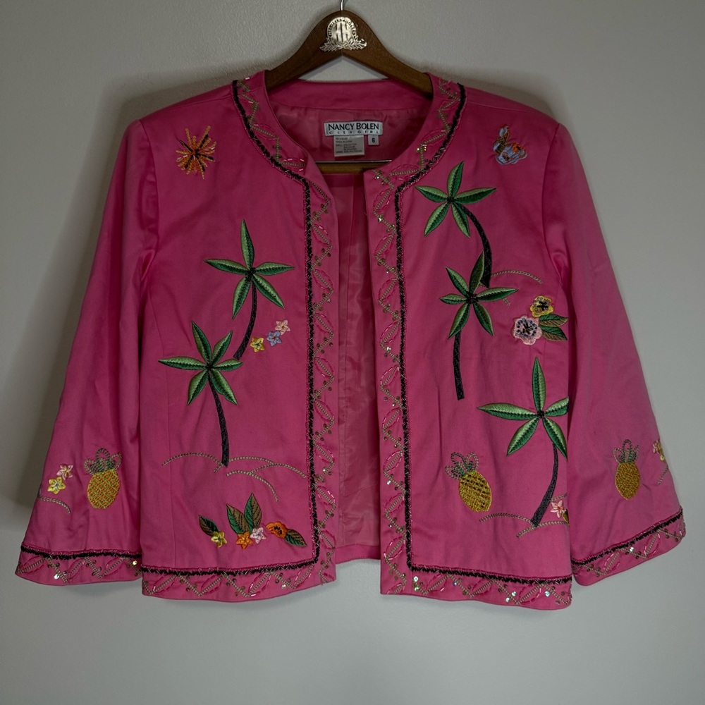 Nancy Bolen Pink Embroidered & Beaded Tropical theme Jacket size 8